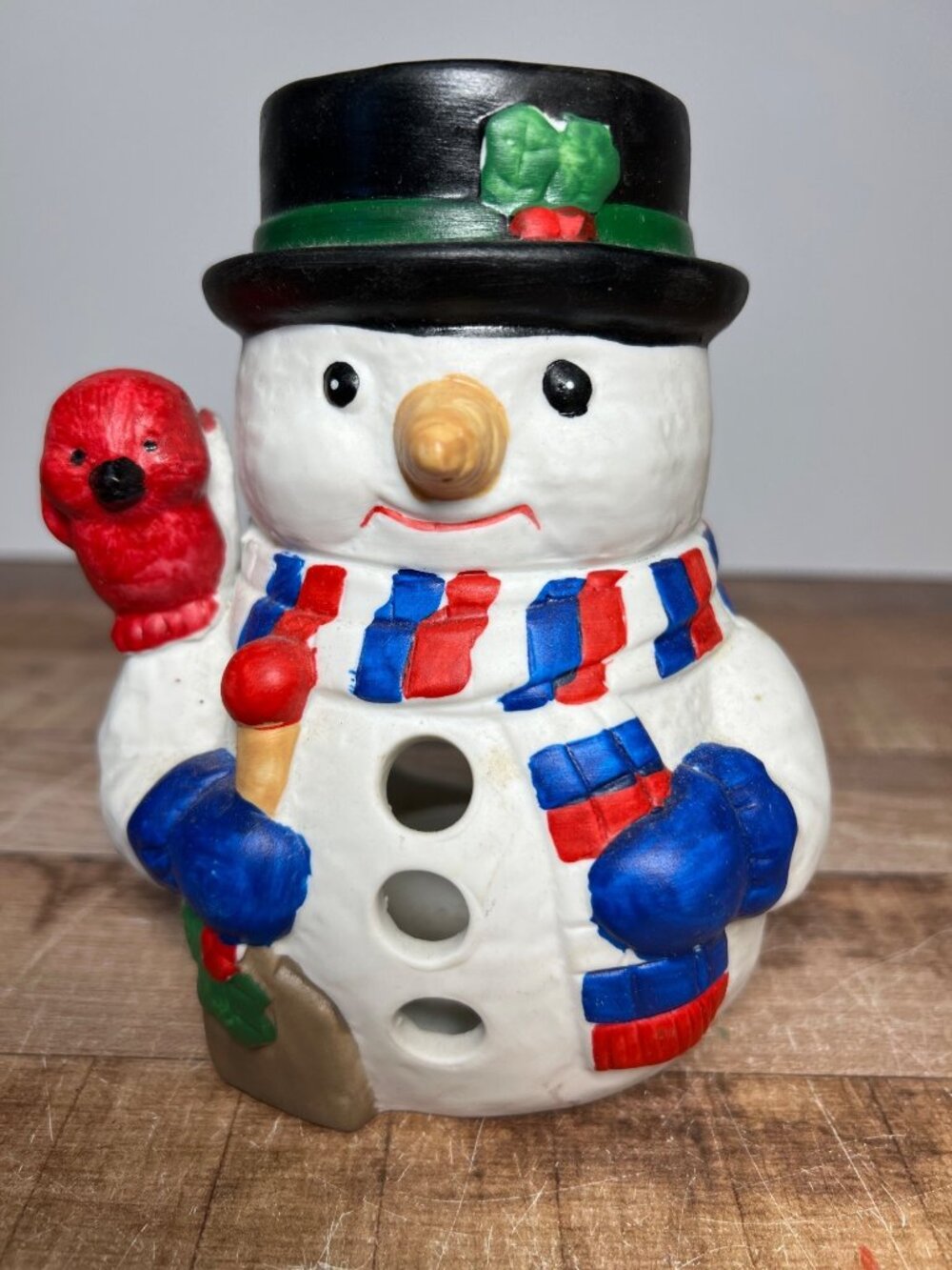 Hermitage Pottery Snowman Candle Holder With Bird & Scarf Christmas Decor DT 765